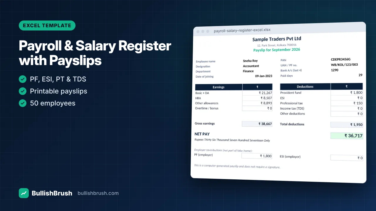 Payroll & Salary Register with Payslips — India (Excel)